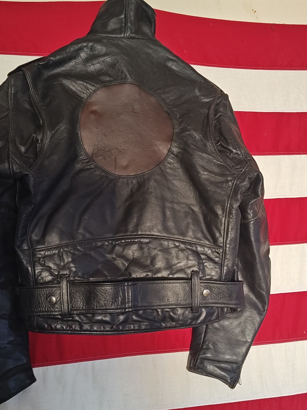 Vintage Open Road Men's Black Leather Motorcycle Jacket with Full Belt Size 42